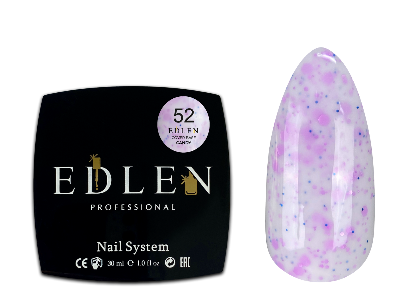 52 Камуфлююча база Cover base Candy Edlen 30 ml. new Молочний із ліловими та синіми блисткітками