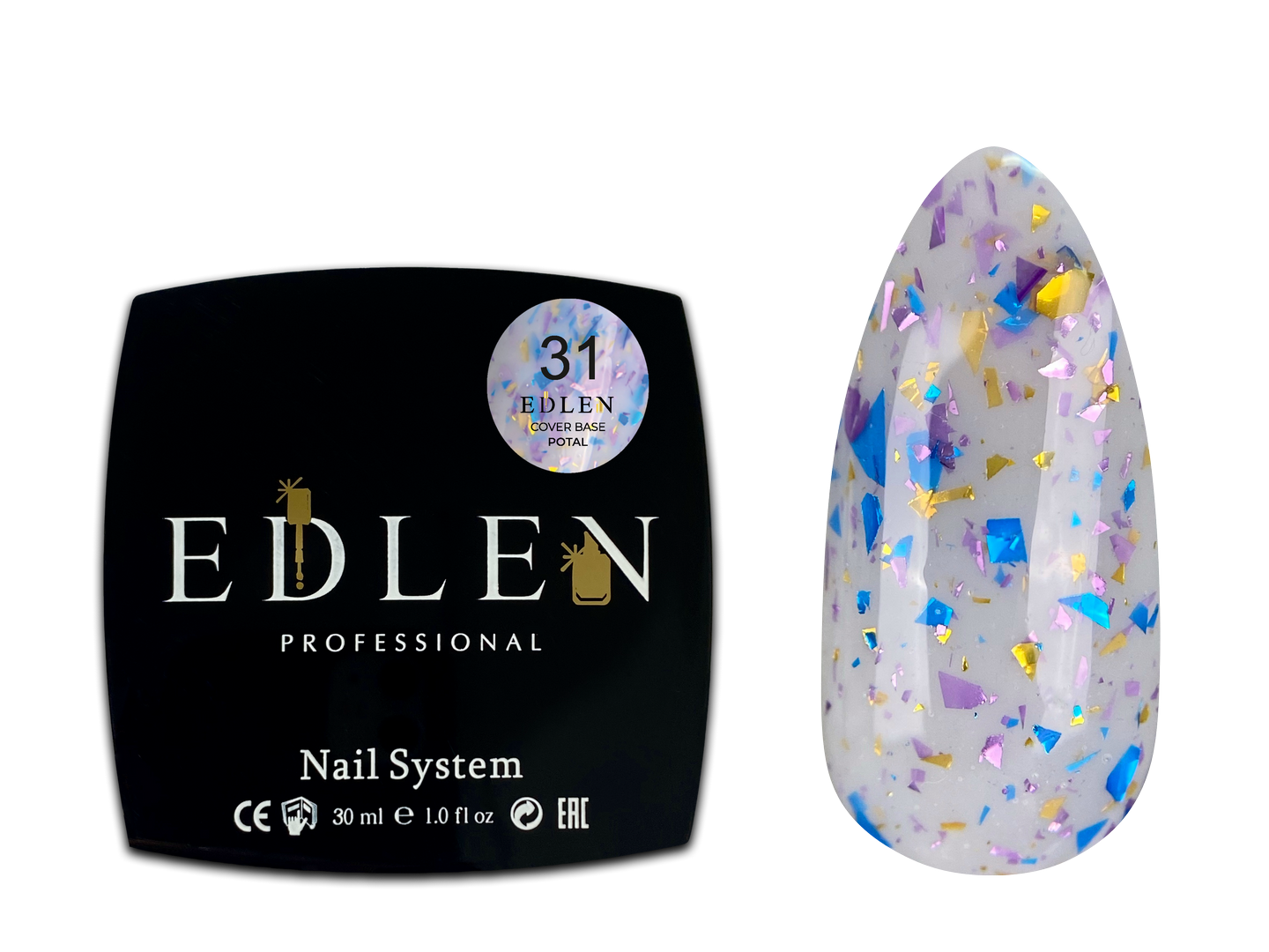31 Камуфлююча база Cover base Potal Edlen 30 ml. new Молочний із синьою, фіолетовою та золотою по