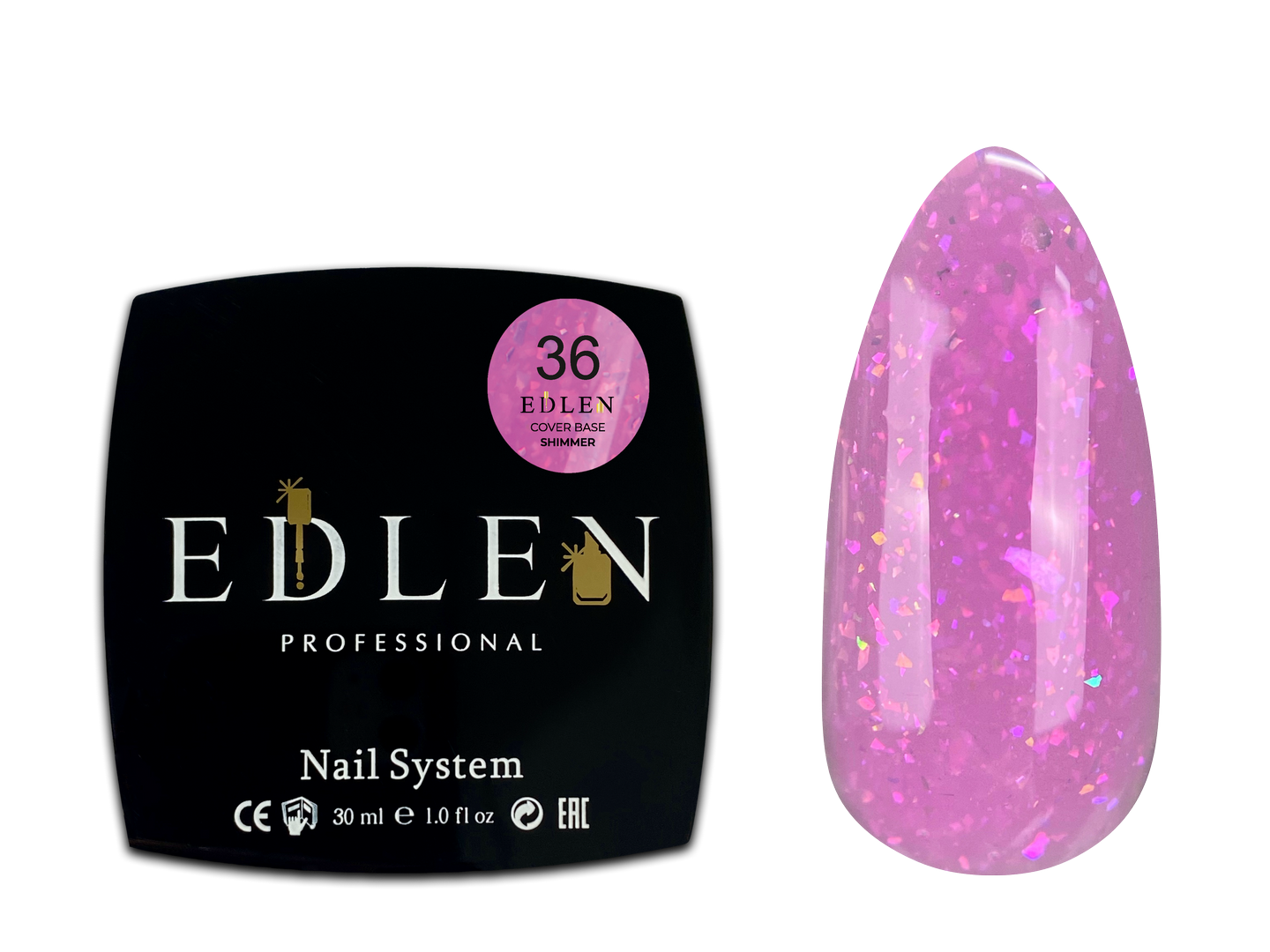 36 Камуфлююча база Cover base Shimmer Edlen 30 ml. new Фуксія із кольоровою слюдою